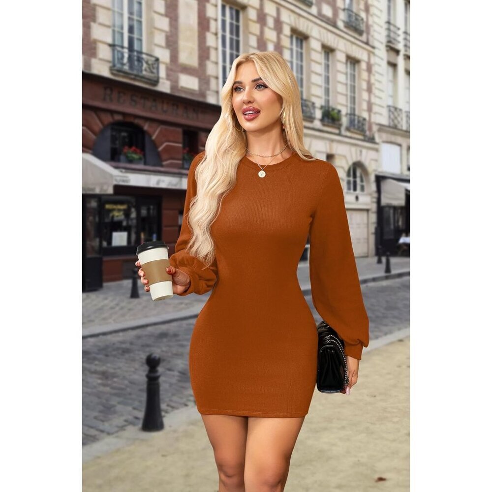 Ofeefan Women Caramel Puff Long Sleeve Crewneck Bodycon Ribbed Sweater Dress - Picture 2 of 5
